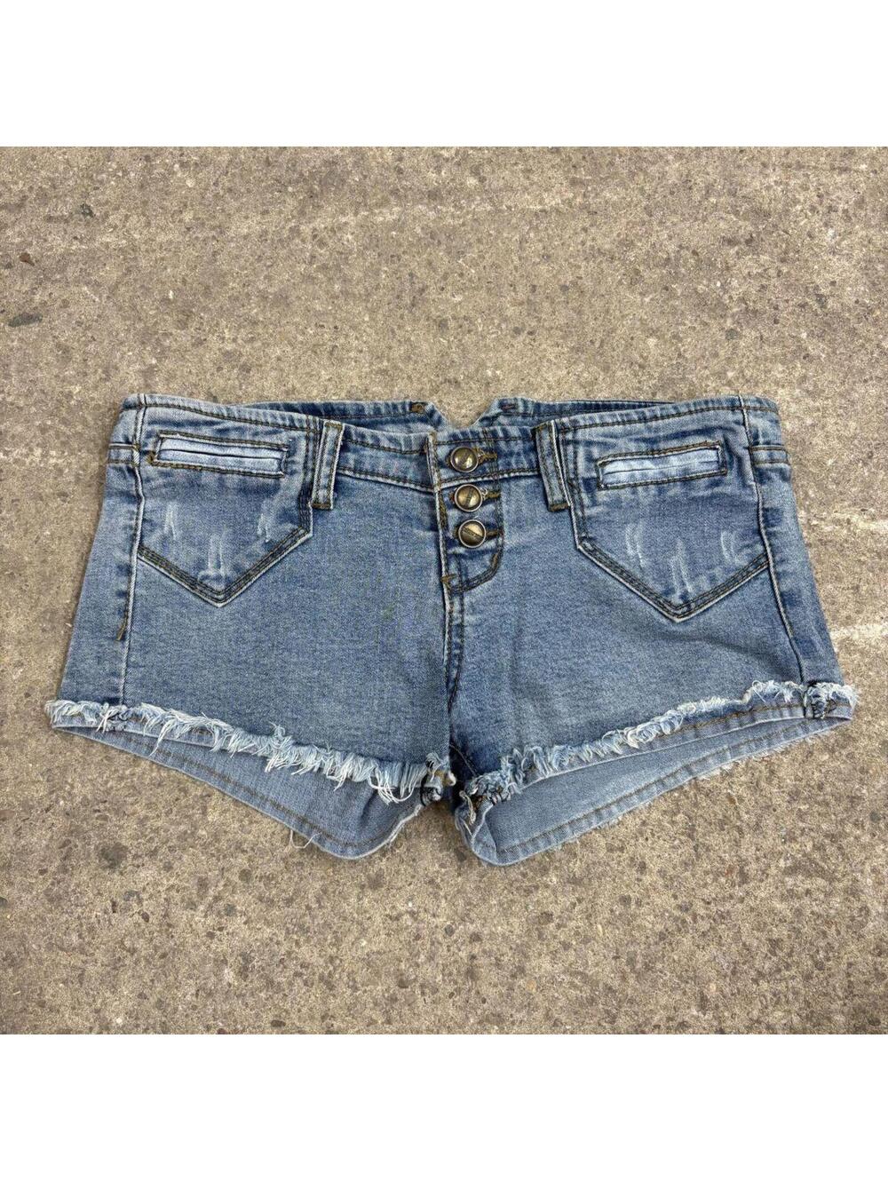 Vintage Y2K Low Rise Denim Micro Shorts Enzyme Wash Raw Hem